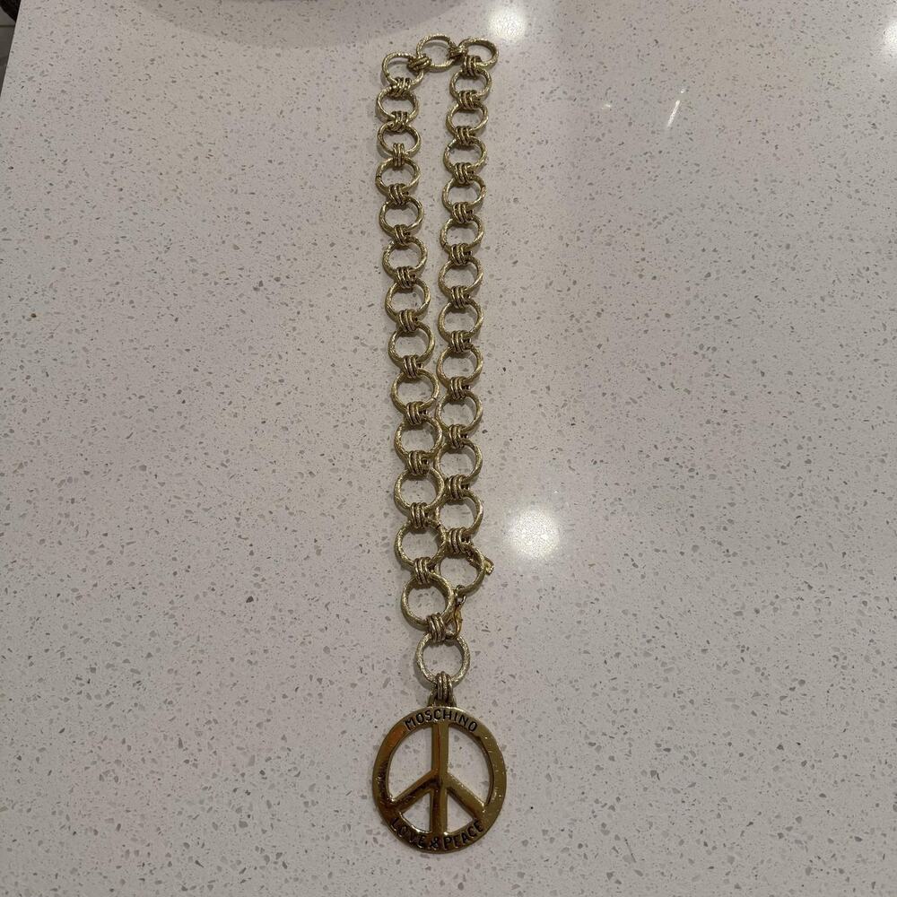 Vtg Moschino Love & Peace Gold Tone Belt Chain Necklace Y2K Collectors Iconic